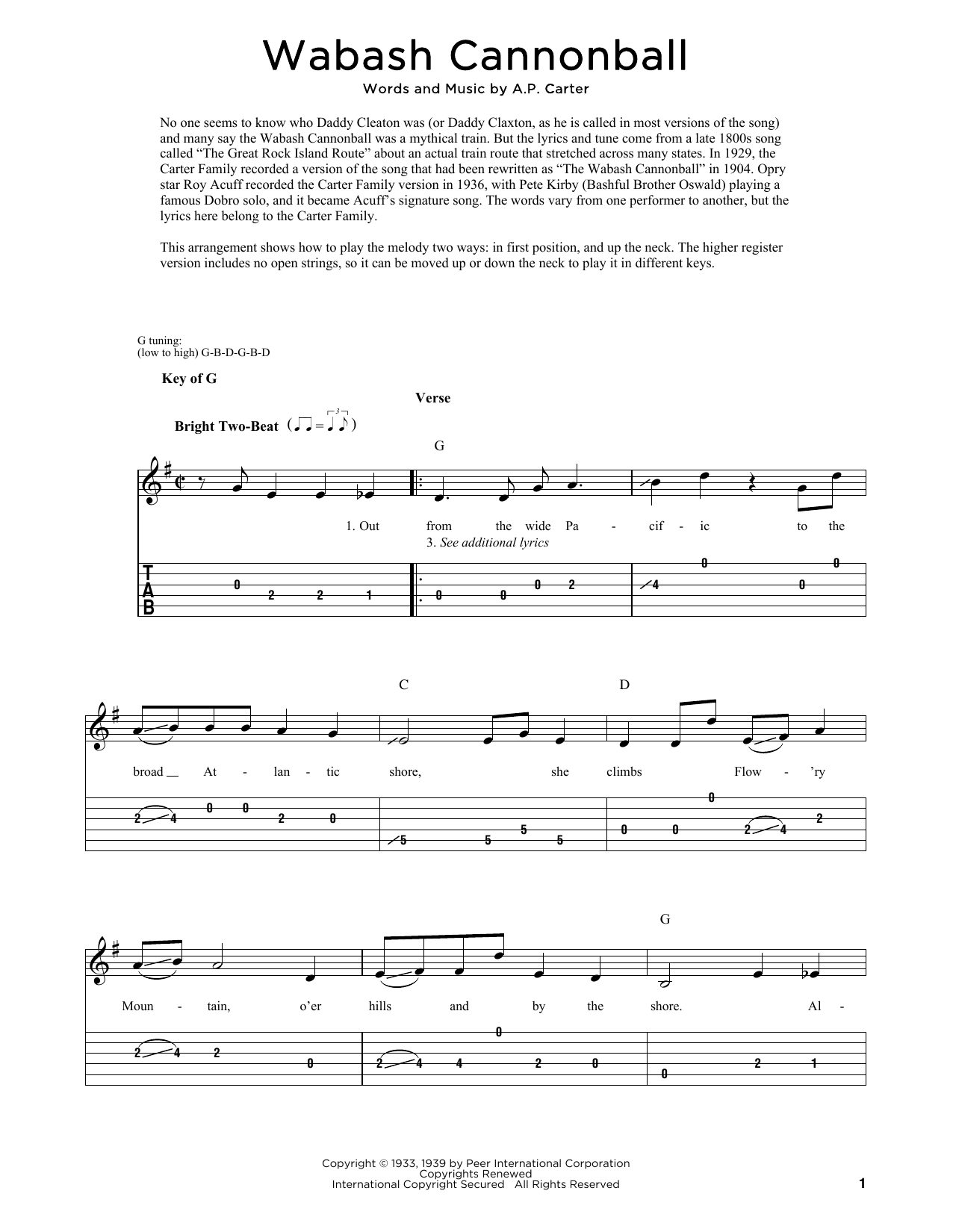 The Carter Family Wabash Cannonball (arr. Fred Sokolow) sheet music notes and chords. Download Printable PDF.