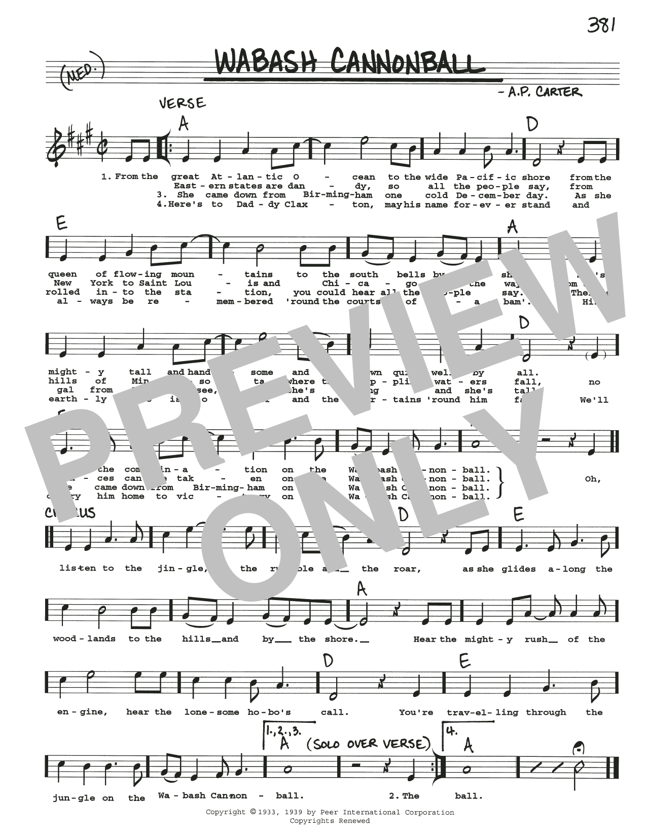 The Carter Family Wabash Cannonball sheet music notes and chords. Download Printable PDF.