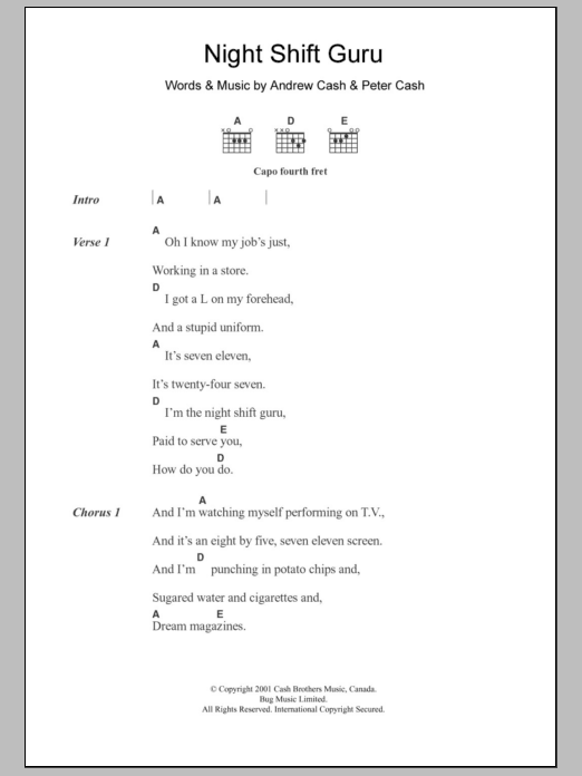 The Cash Brothers Night Shift Guru sheet music notes and chords. Download Printable PDF.