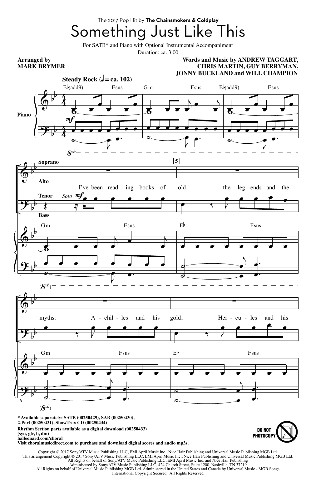 The Chainsmokers & Coldplay Something Just Like This (arr. Mark Brymer) sheet music notes and chords. Download Printable PDF.