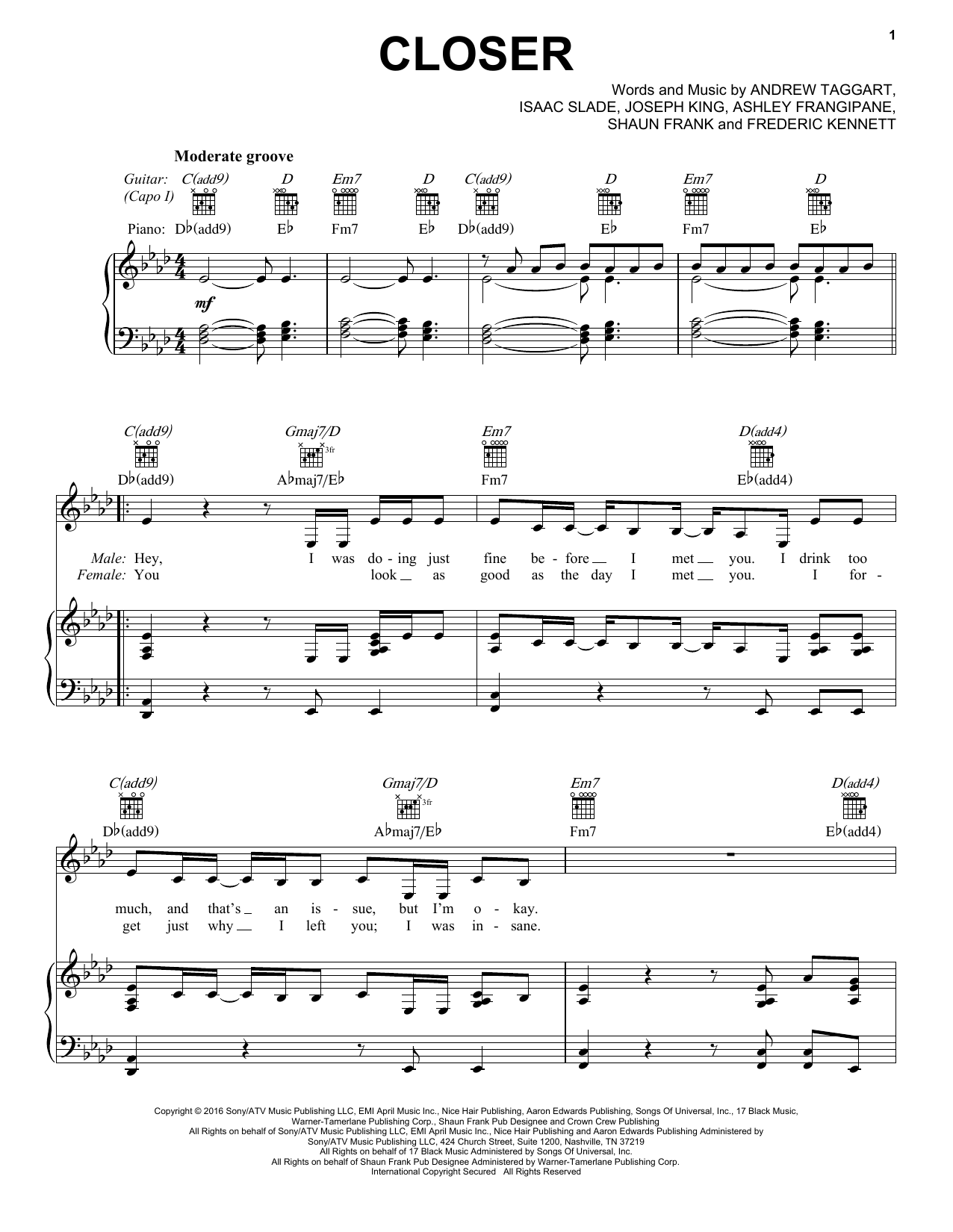 The Chainsmokers featuring Halsey Closer sheet music notes and chords. Download Printable PDF.