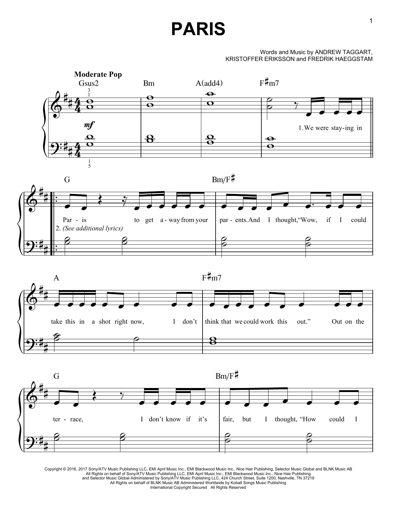 The Chainsmokers Paris sheet music notes and chords. Download Printable PDF.