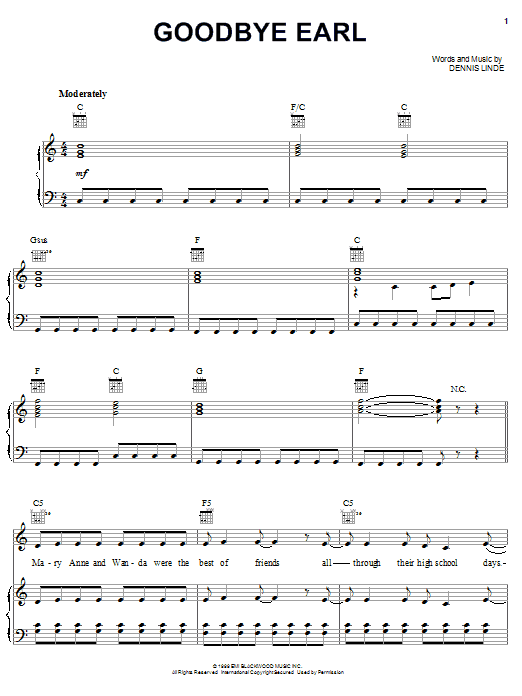 Dixie Chicks Goodbye Earl sheet music notes and chords. Download Printable PDF.