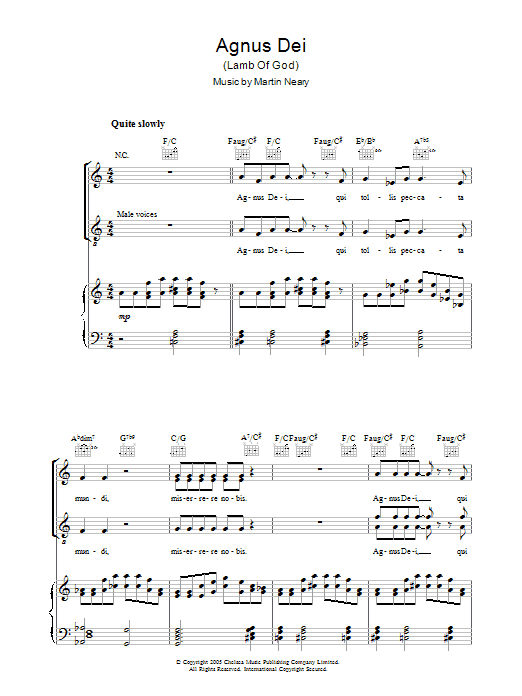 Learn to play The Choirboys Agnus Dei (Lamb Of God) sheet music for Piano, Vocal & Guitar Chords in minutes. Price: 7.8900$ The Choirboys Agnus Dei (Lamb Of God) sheet music notes and chords arranged for Piano, Vocal & Guitar Chords
