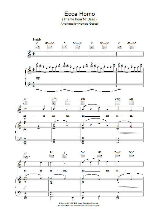 Learn to play The Choirboys Ecce Homo (theme from Mr Bean) sheet music for Piano, Vocal & Guitar Chords in minutes. Price: 7.8900$ The Choirboys Ecce Homo (theme from Mr Bean) sheet music notes and chords arranged for Piano, Vocal & Guitar Chords