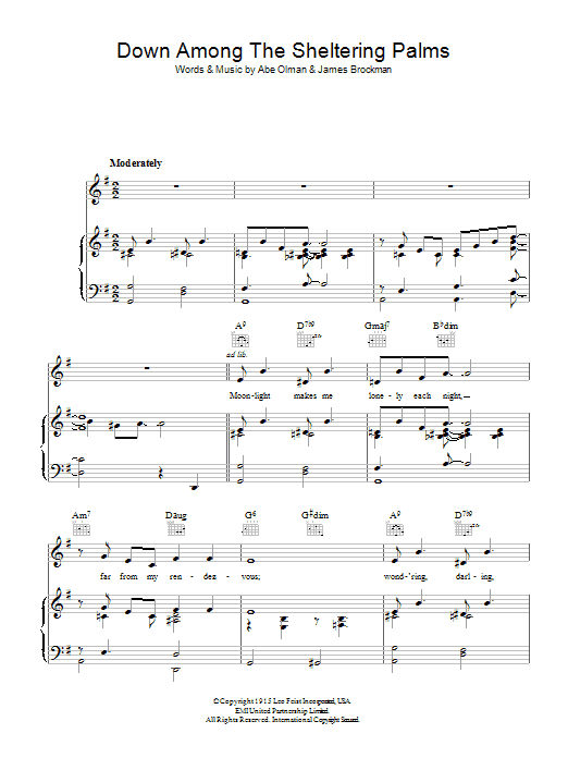 Learn to play The Chordettes Down Among The Sheltering Palms sheet music for Piano, Vocal & Guitar Chords in minutes. Price: 7.8900$ The Chordettes Down Among The Sheltering Palms sheet music notes and chords arranged for Piano, Vocal & Guitar Chords