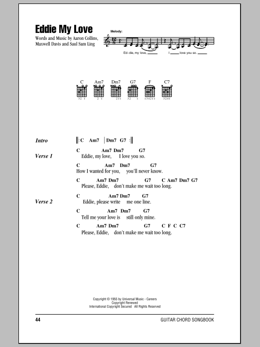 The Chordettes Eddie My Love sheet music notes and chords. Download Printable PDF.