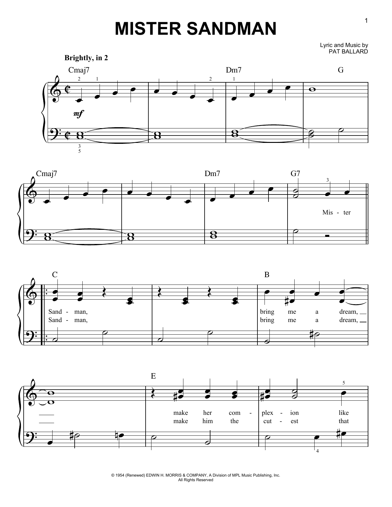 The Chordettes Mister Sandman sheet music notes and chords. Download Printable PDF.