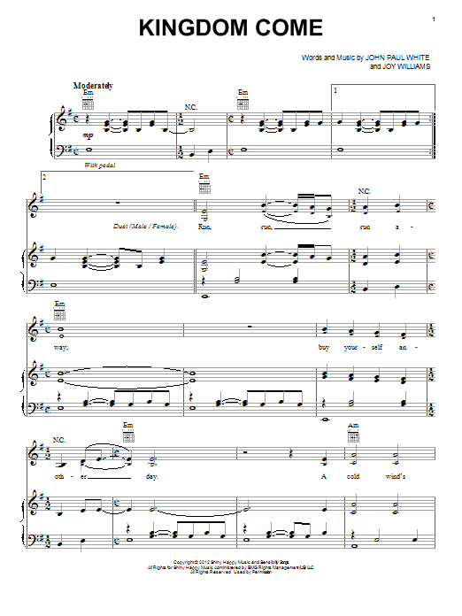 Learn to play The Civil Wars Kingdom Come sheet music for Piano, Vocal & Guitar Chords (Right-Hand Melody) in minutes. Price: 7.8900$ The Civil Wars Kingdom Come sheet music notes and chords arranged for Piano, Vocal & Guitar Chords (Right-Hand Melody)