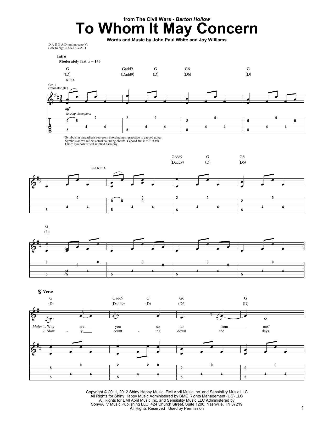 Learn to play The Civil Wars To Whom It May Concern sheet music for Guitar Tab in minutes. Price: 7.8900$ The Civil Wars To Whom It May Concern sheet music notes and chords arranged for Guitar Tab