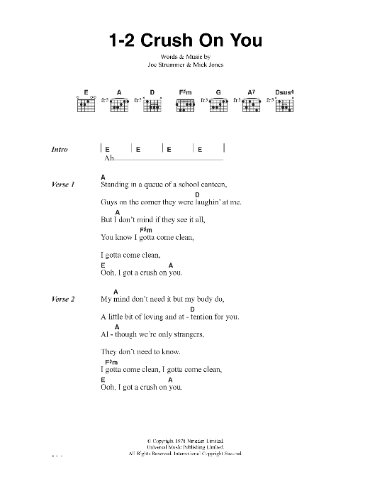 Learn to play The Clash 1-2 Crush On You sheet music for Guitar Chords/Lyrics in minutes. Price: 4.4900$ The Clash 1-2 Crush On You sheet music notes and chords arranged for Guitar Chords/Lyrics