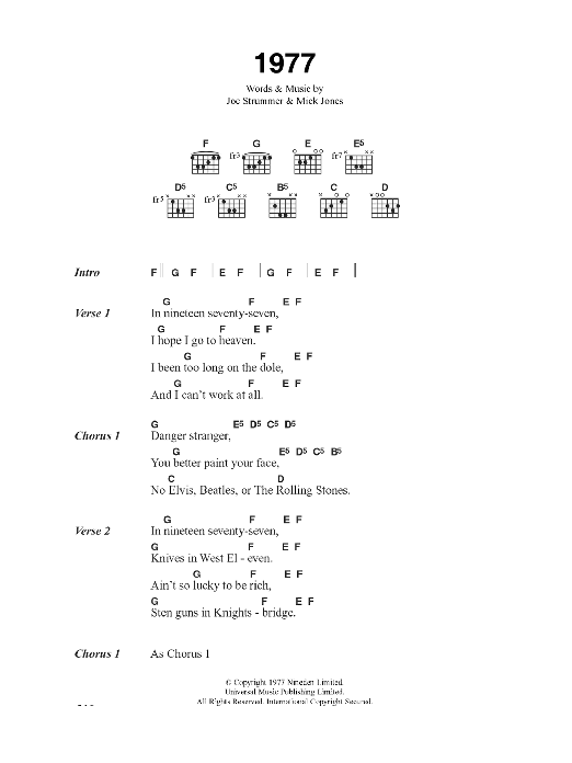 Learn to play The Clash 1977 sheet music for Guitar Chords/Lyrics in minutes. Price: 4.4900$ The Clash 1977 sheet music notes and chords arranged for Guitar Chords/Lyrics