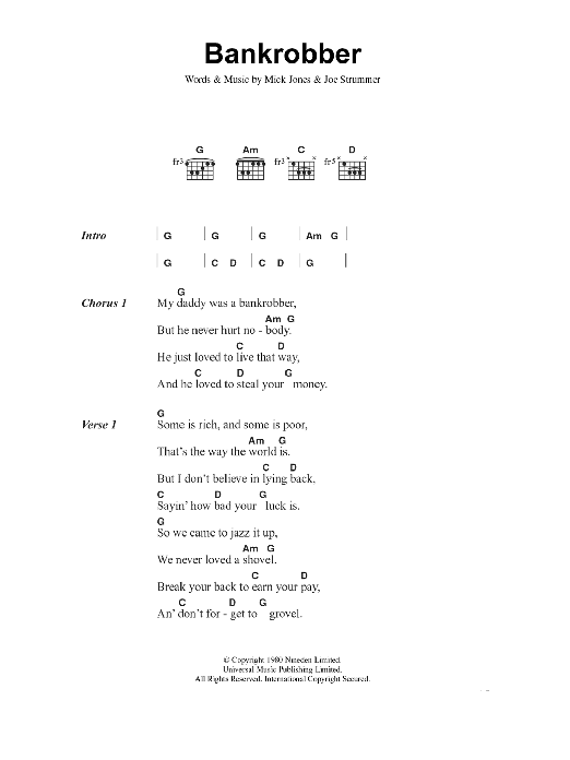 The Clash Bankrobber sheet music notes and chords arranged for Piano, Vocal & Guitar Chords (Right-Hand Melody)