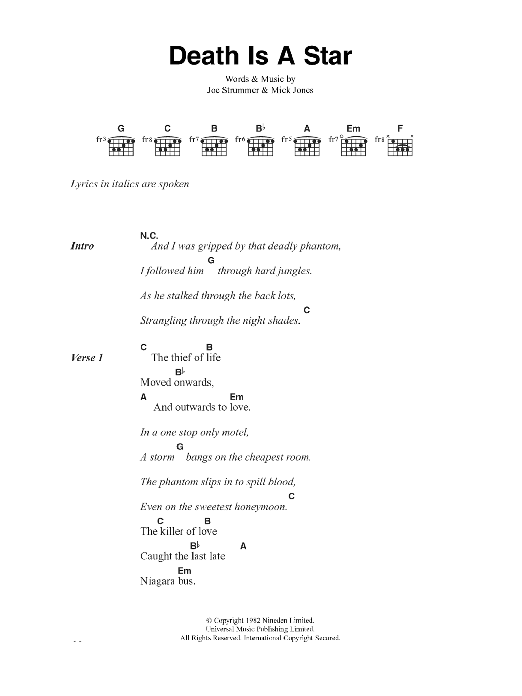 The Clash Death Is A Star sheet music notes and chords arranged for Guitar Chords/Lyrics