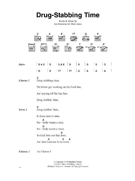 The Clash Drug-Stabbing Time sheet music notes and chords. Download Printable PDF.