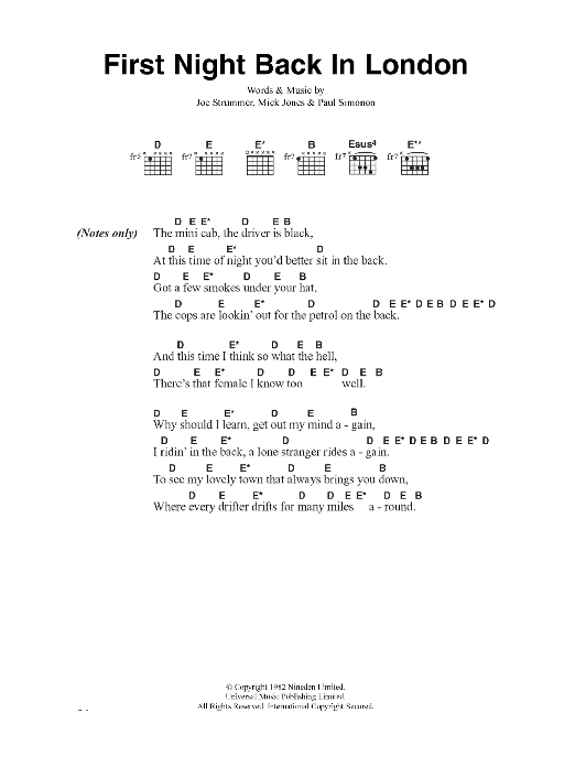 Learn to play The Clash First Night Back In London sheet music for Guitar Chords/Lyrics in minutes. Price: 4.4900$ The Clash First Night Back In London sheet music notes and chords arranged for Guitar Chords/Lyrics