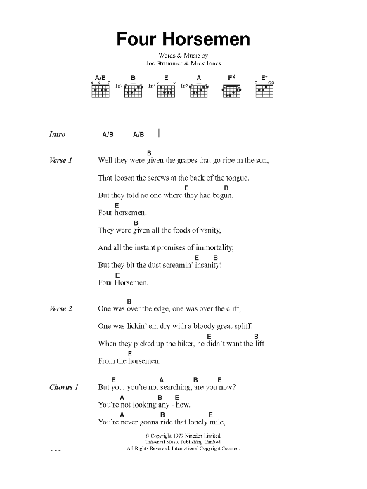 Learn to play The Clash Four Horsemen sheet music for Guitar Chords/Lyrics in minutes. Price: 4.4900$ The Clash Four Horsemen sheet music notes and chords arranged for Guitar Chords/Lyrics