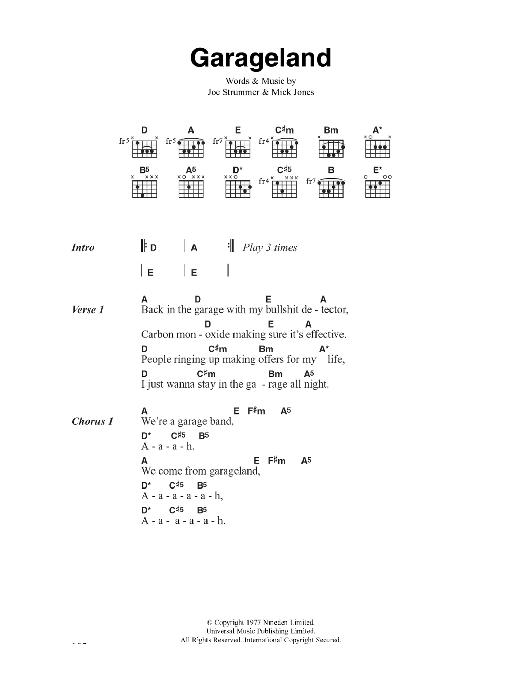 The Clash Garageland sheet music notes and chords. Download Printable PDF.