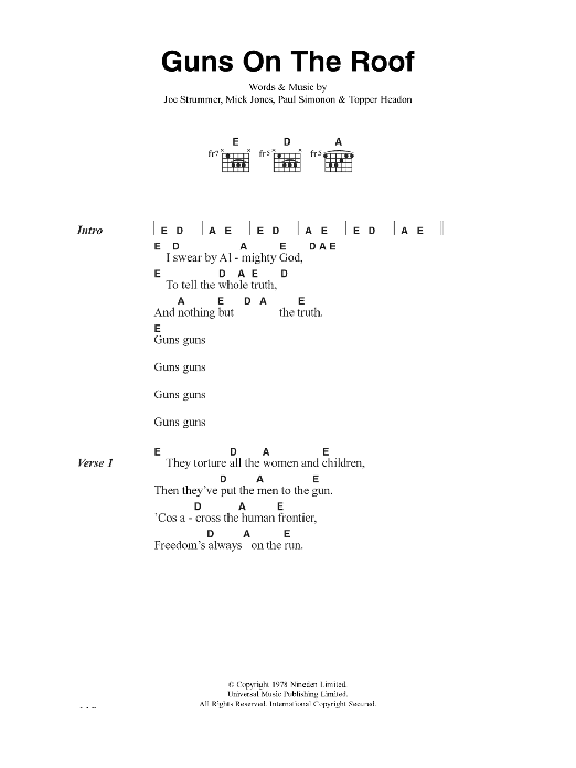 Learn to play The Clash Guns On The Roof sheet music for Guitar Chords/Lyrics in minutes. Price: 4.4900$ The Clash Guns On The Roof sheet music notes and chords arranged for Guitar Chords/Lyrics