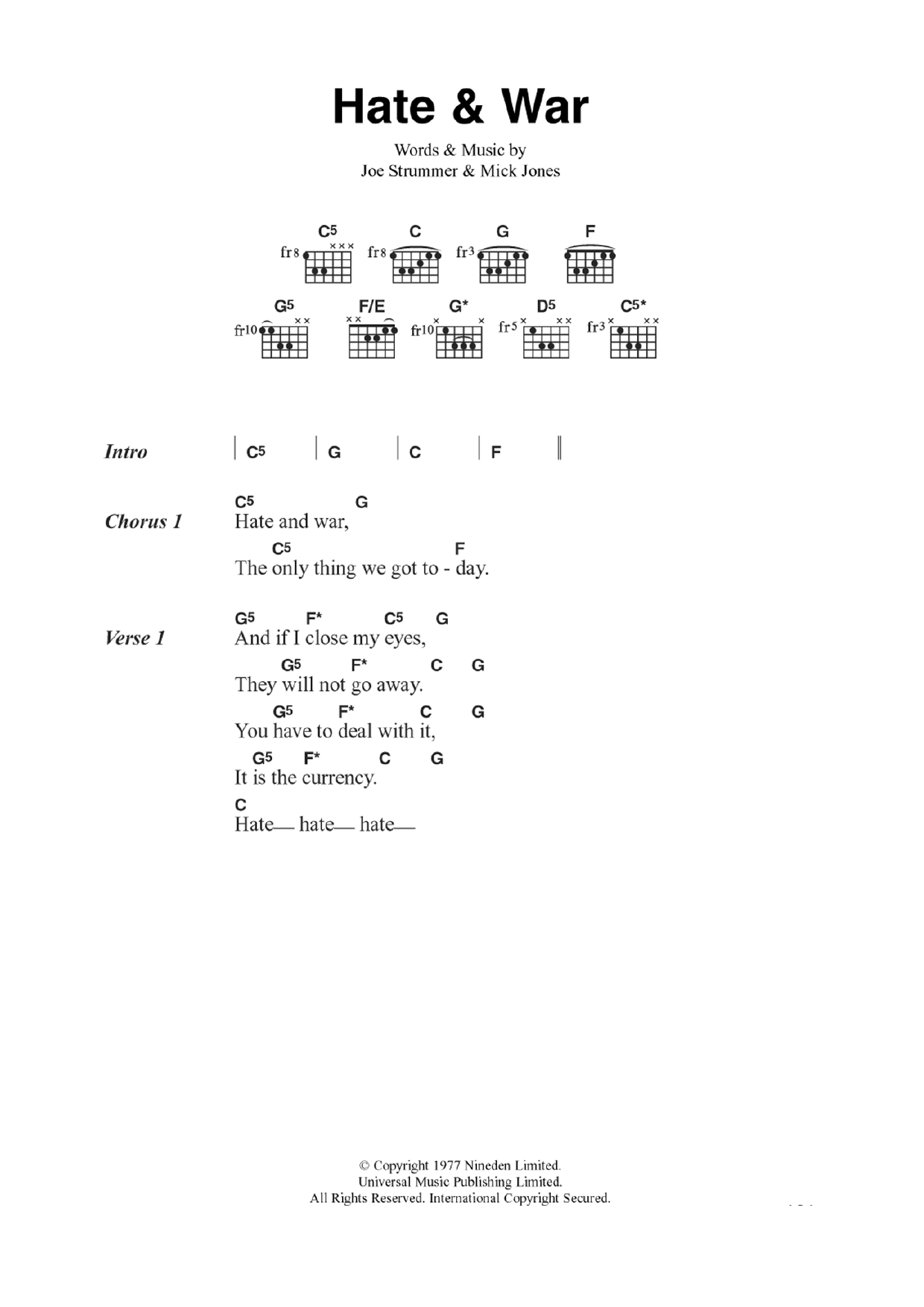 The Clash Hate and War sheet music notes and chords. Download Printable PDF.