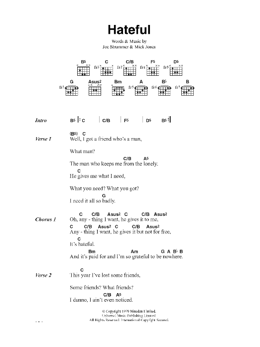 Learn to play The Clash Hateful sheet music for Guitar Chords/Lyrics in minutes. Price: 4.4900$ The Clash Hateful sheet music notes and chords arranged for Guitar Chords/Lyrics