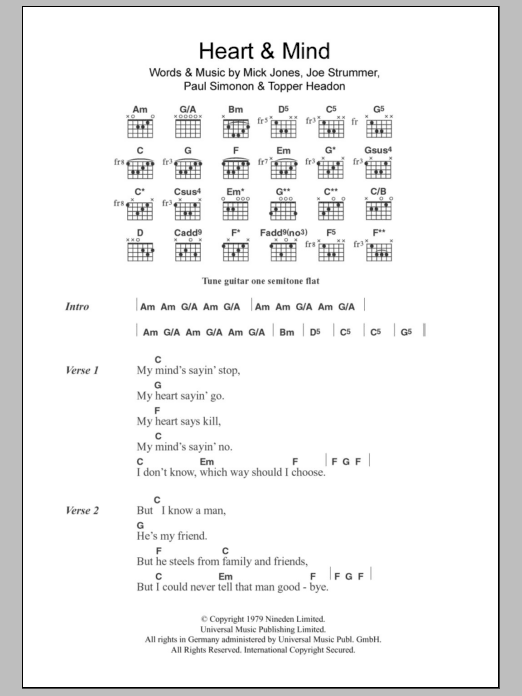 The Clash Heart & Mind sheet music notes and chords. Download Printable PDF.