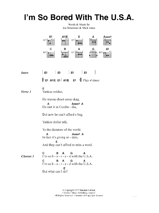 The Clash I'm So Bored With The U.S.A. sheet music notes and chords. Download Printable PDF.