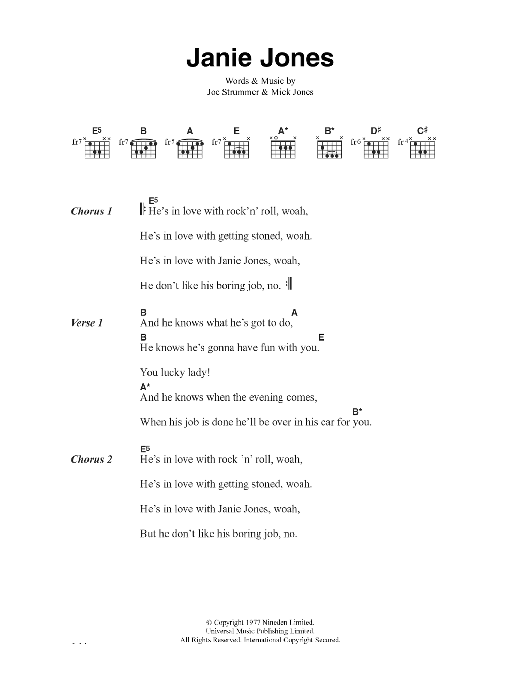 The Clash Janie Jones sheet music notes and chords. Download Printable PDF.