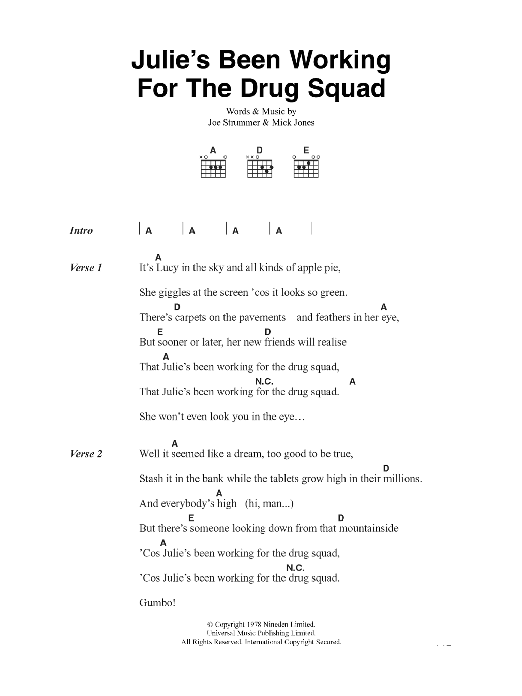 Learn to play The Clash Julie's Been Working For The Drug Squad sheet music for Guitar Chords/Lyrics in minutes. Price: 4.4900$ The Clash Julie's Been Working For The Drug Squad sheet music notes and chords arranged for Guitar Chords/Lyrics