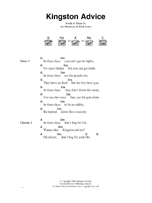 The Clash Kingston Advice sheet music notes and chords. Download Printable PDF.