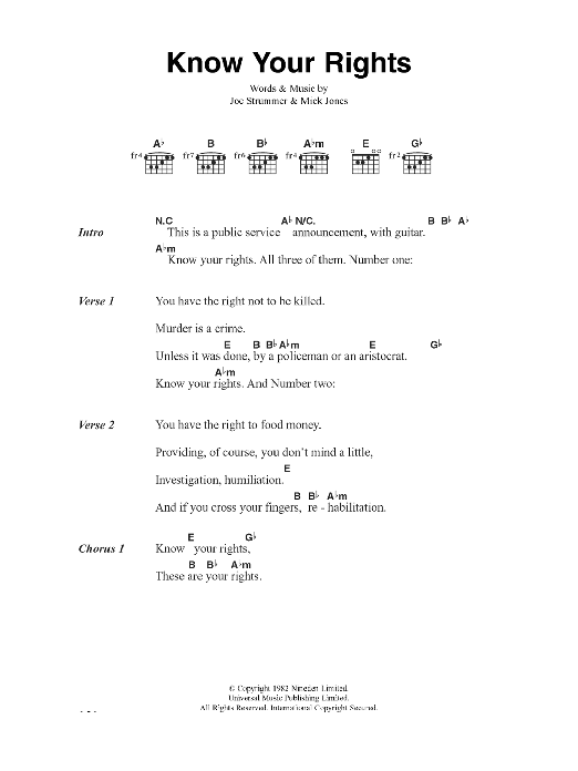 Learn to play The Clash Know Your Rights sheet music for Guitar Chords/Lyrics in minutes. Price: 4.4900$ The Clash Know Your Rights sheet music notes and chords arranged for Guitar Chords/Lyrics