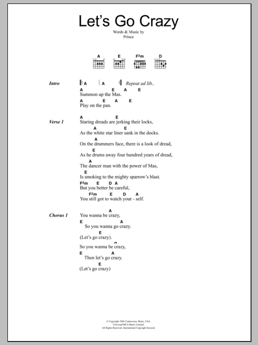 The Clash Let's Go Crazy sheet music notes and chords. Download Printable PDF.