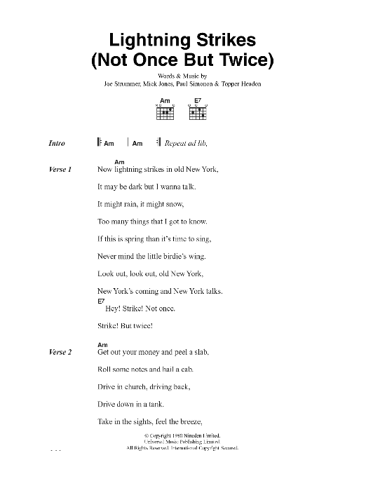 The Clash Lightning Strikes (Not Once But Twice) sheet music notes and chords. Download Printable PDF.