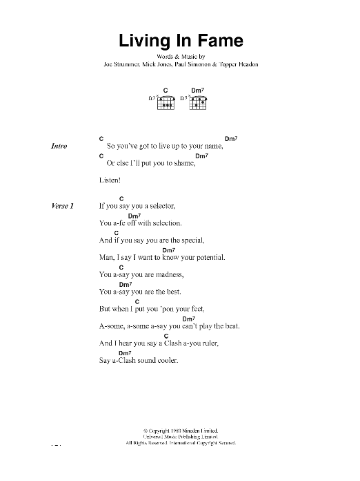 The Clash Living In Fame sheet music notes and chords. Download Printable PDF.