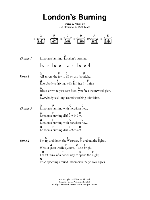 Learn to play The Clash London's Burning sheet music for Guitar Chords/Lyrics in minutes. Price: 4.4900$ The Clash London's Burning sheet music notes and chords arranged for Guitar Chords/Lyrics