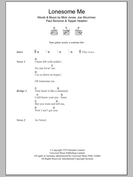 The Clash Lonesome Me sheet music notes and chords. Download Printable PDF.