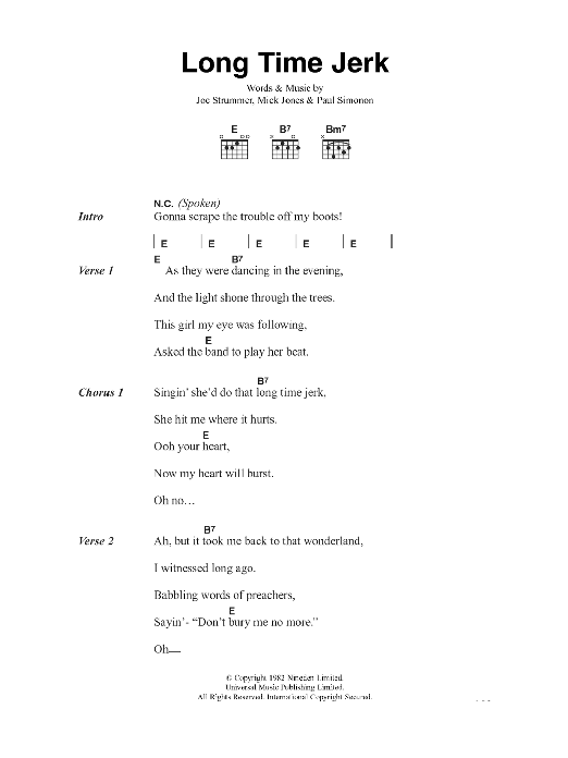 The Clash Long Time Jerk sheet music notes and chords. Download Printable PDF.