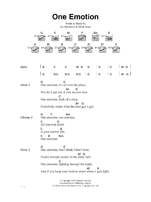 The Clash One Emotion sheet music notes and chords. Download Printable PDF.