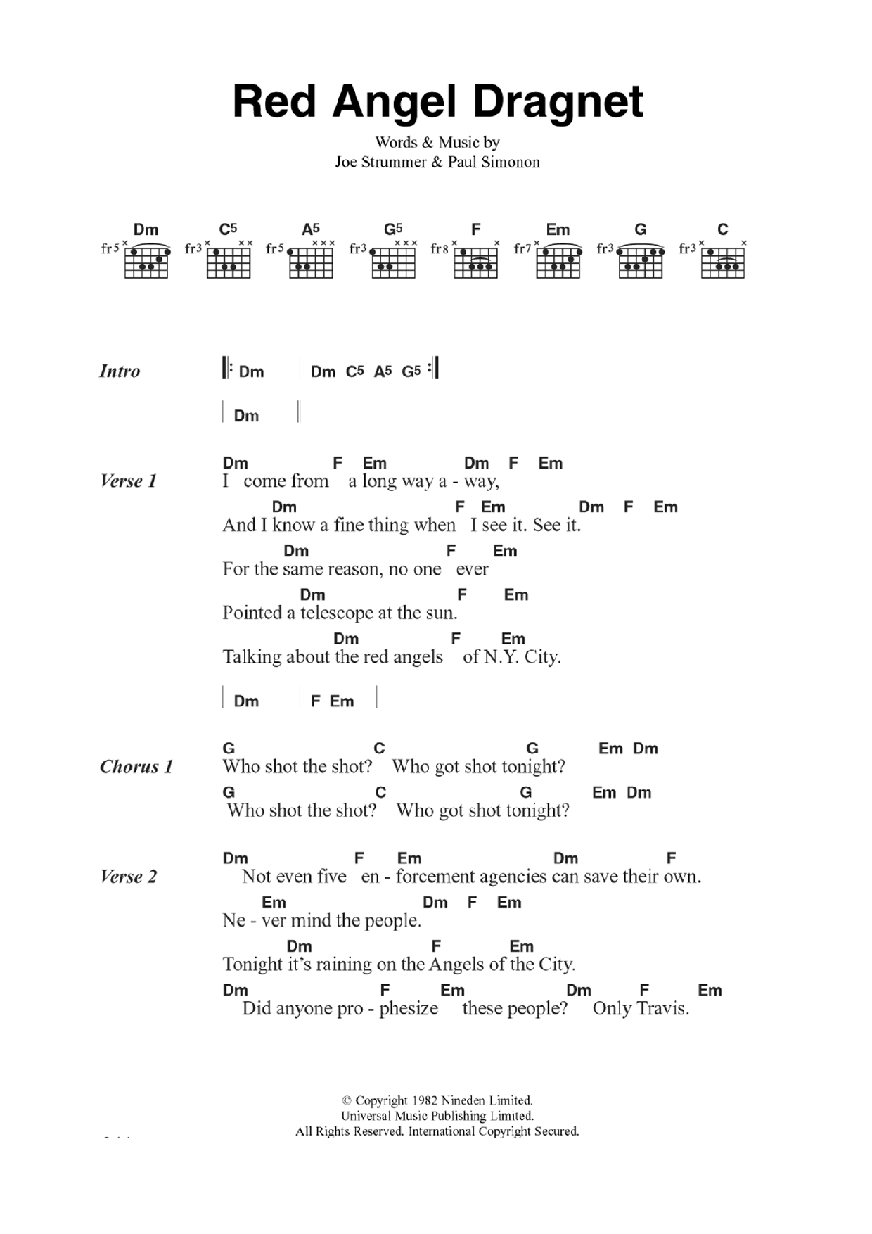 The Clash Red Angel Dragnet sheet music notes and chords. Download Printable PDF.