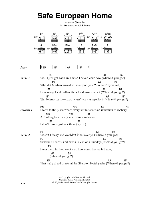 The Clash Safe European Home sheet music notes and chords. Download Printable PDF.