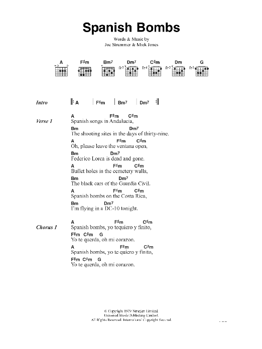 The Clash Spanish Bombs sheet music notes and chords. Download Printable PDF.