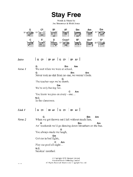 The Clash Stay Free sheet music notes and chords. Download Printable PDF.