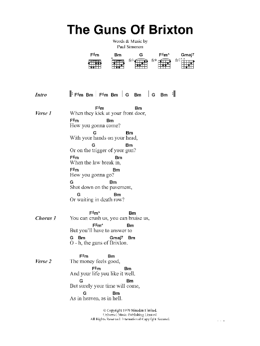 The Clash The Guns Of Brixton sheet music notes and chords. Download Printable PDF.