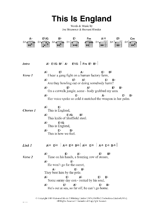 Learn to play The Clash This Is England sheet music for Guitar Chords/Lyrics in minutes. Price: 4.4900$ The Clash This Is England sheet music notes and chords arranged for Guitar Chords/Lyrics