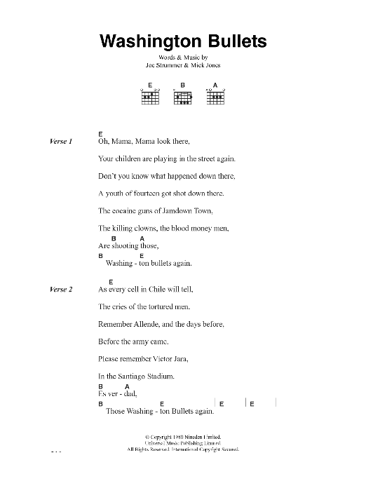 The Clash Washington Bullets sheet music notes and chords. Download Printable PDF.