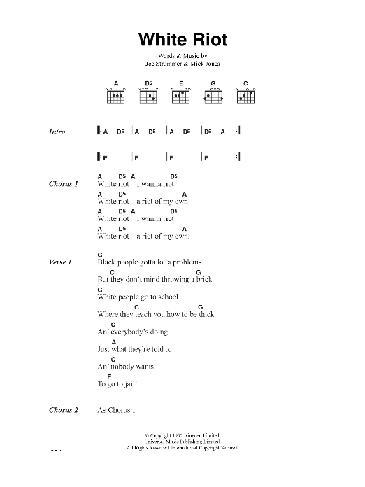 Learn to play The Clash White Riot sheet music for Guitar Tab in minutes. Price: 7.8900$ The Clash White Riot sheet music notes and chords arranged for Guitar Tab