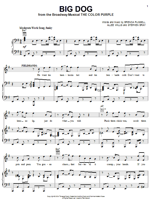 Learn to play The Color Purple (Musical) Big Dog sheet music for Piano, Vocal & Guitar Chords (Right-Hand Melody) in minutes. Price: 7.8900$ The Color Purple (Musical) Big Dog sheet music notes and chords arranged for Piano, Vocal & Guitar Chords (Right-Hand Melody)