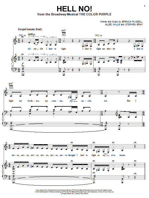 The Color Purple (Musical) Hell No! sheet music notes and chords arranged for Piano, Vocal & Guitar Chords (Right-Hand Melody)
