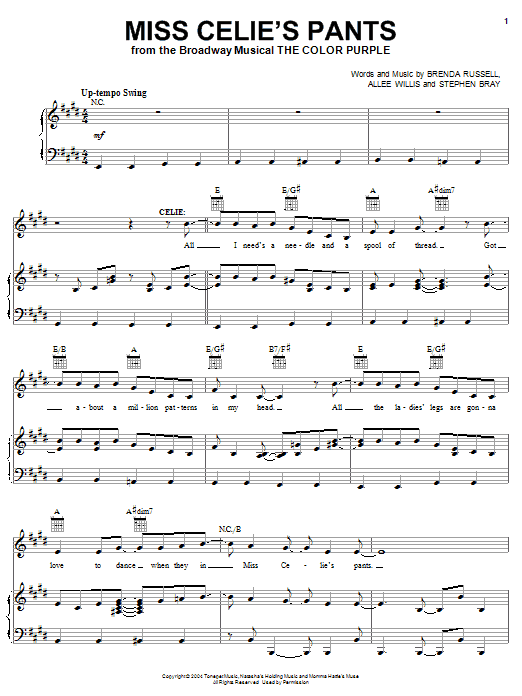 The Color Purple (Musical) Miss Celie's Pants sheet music notes and chords arranged for Piano, Vocal & Guitar Chords (Right-Hand Melody)