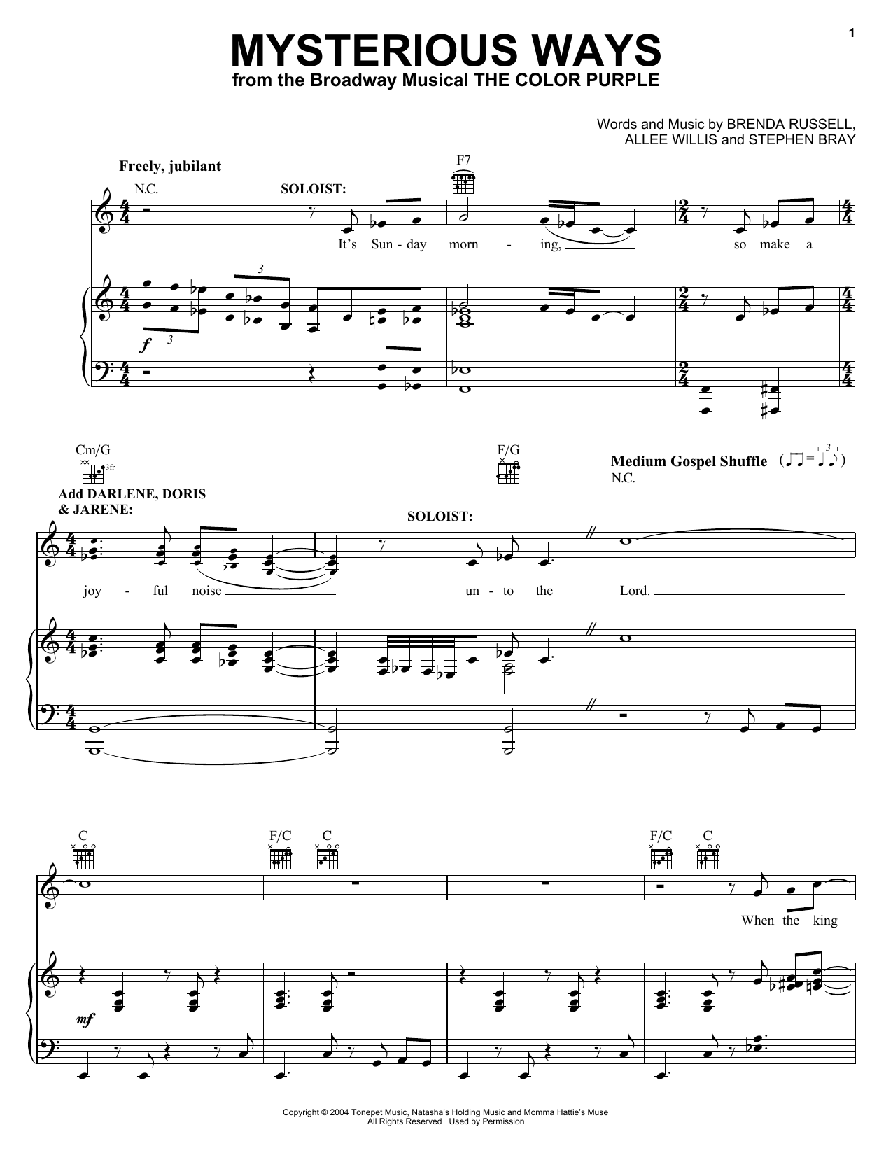 Learn to play The Color Purple (Musical) Mysterious Ways sheet music for Piano, Vocal & Guitar Chords (Right-Hand Melody) in minutes. Price: 7.8900$ The Color Purple (Musical) Mysterious Ways sheet music notes and chords arranged for Piano, Vocal & Guitar Chords (Right-Hand Melody)